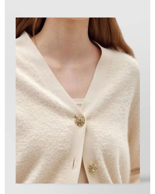 Blugirl Blumarine Natural V-Neck Sweater With Button Embellishments And Long Sleeves