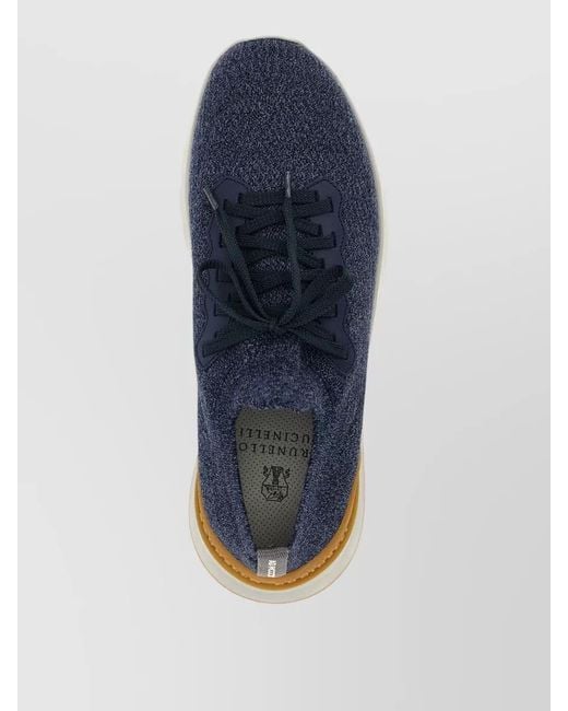 Brunello Cucinelli Blue Knit Lace Up Sneakers Leather Detail for men
