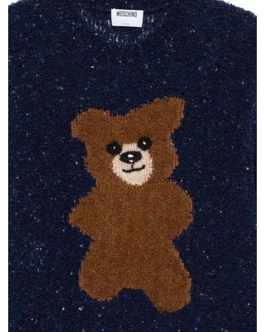 Moschino Blue Bear Motif Crew Neck Casual Sweater for men