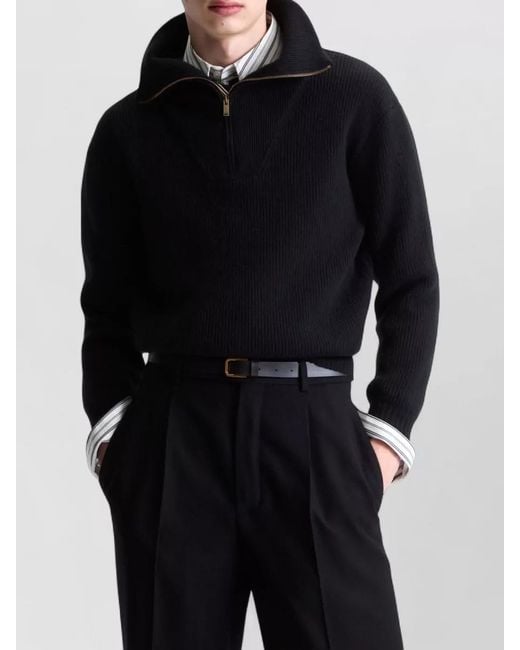 Saint Laurent Black Wool Ribbed Half-Zip Sweater for men