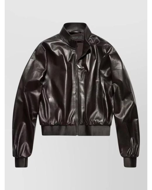 Gucci Black High Collar Jacket Ribbed Cuffs Hem