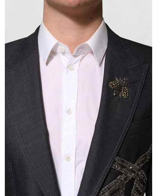 Dolce & Gabbana Black Bee Embroidery Wool Blend Tailored Blazer for men