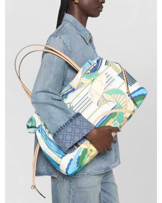 Tory Burch Blue Ella Graphic-Print Drawstring Tote Bag
