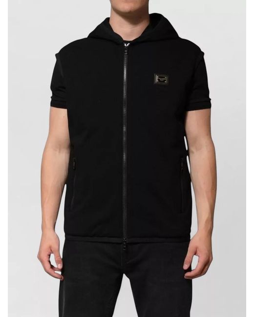 Dolce & Gabbana Black Sleeveless Hooded Logo Cotton Jacket Pockets for men