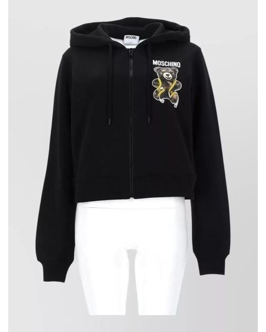 Moschino Black Cropped Hooded Jacket Ribbed Cuffs Design