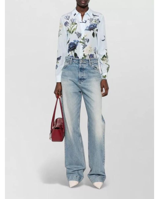 Alice + Olivia Blue Casual Shirt Bird Motif Relaxed Fit