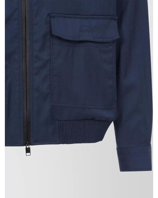 Brioni Blue Wool Jacket Flap Pockets Ribbed Hem for men