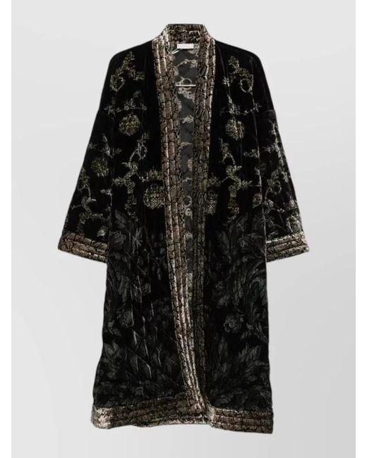 Pierre Louis Mascia Black Long Coat Contrast Trim Embroidered Floral Maxi