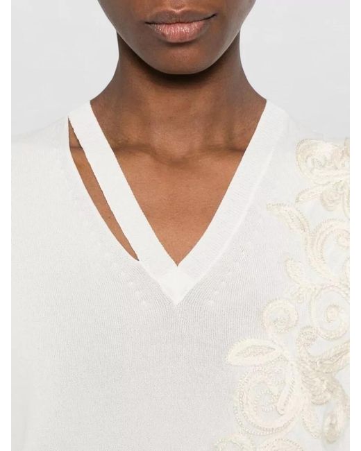 ERMANNO FIRENZE Natural Appliqué V-Neck Long-Sleeve Sweatshirt