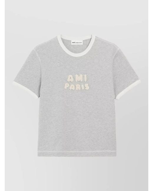 AMI White Crew Neck T Shirt Contrast Trim Embroidery for men