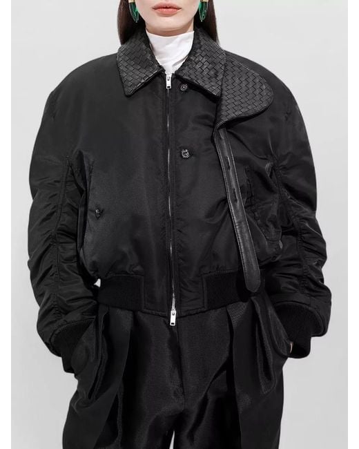Bottega Veneta Black Nylon Bomber Jacket Leather Collar Detailing