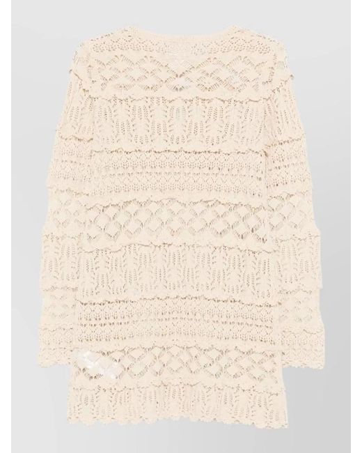 Semicouture Natural Crochet Mini Dress Keyhole Neckline Ruffles