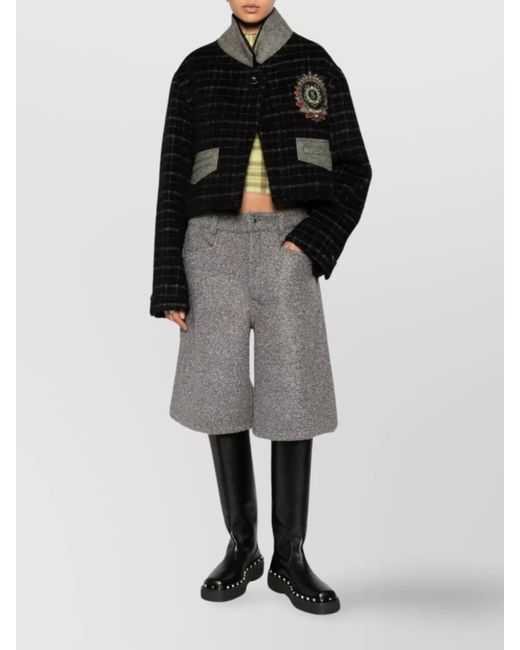 Etro Black Checked Floral Embroidered Cropped Jacket