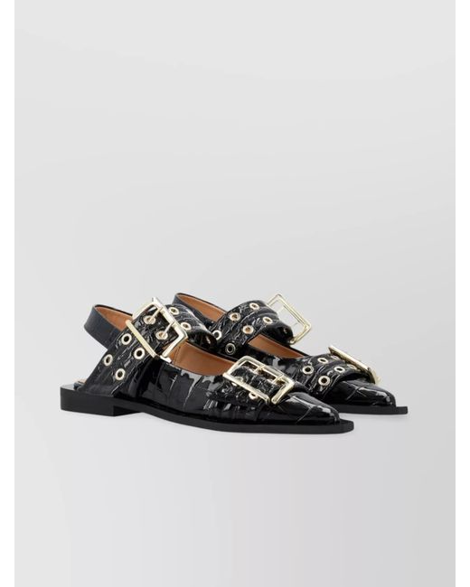 Ganni Black Patent Buckle Slingback Ballerina Shoes