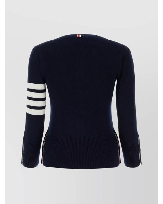 Thom Browne Blue Cashmere Cardigan With Striped Sleeve Detail