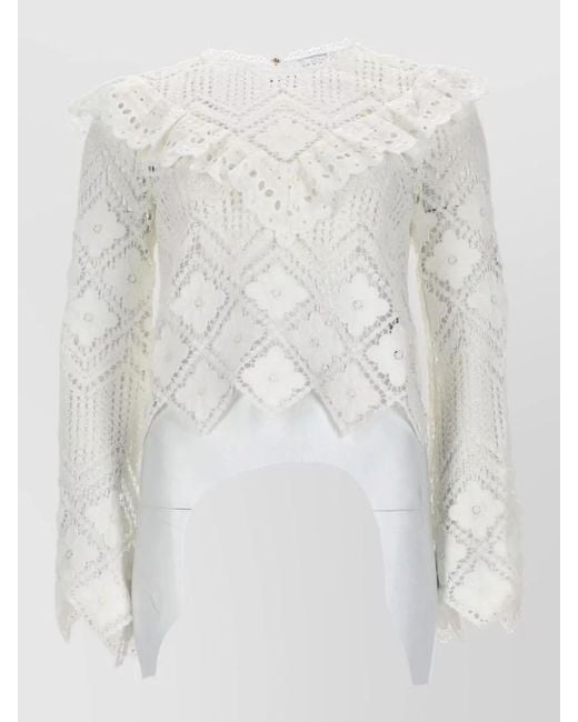 Self-Portrait White Crochet Lace Top Long Sleeves Ruffle