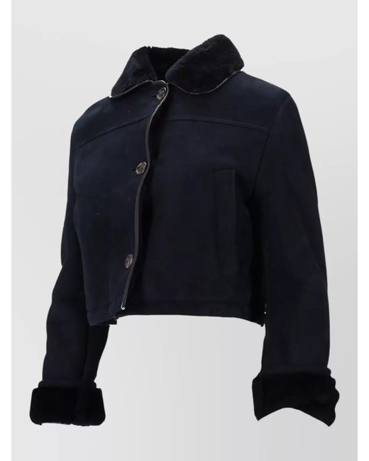 LA ROSE Blue Shearling Leather Cropped Jacket Furry Collar