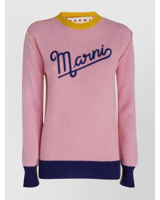 Marni Pink Virgin Wool Logo-Embroidered Crew-Neck Jumper
