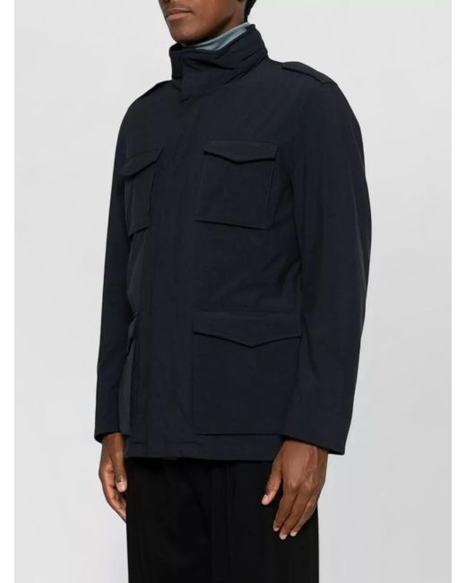 Herno Blue Parka Jacket High Collar Epaulettes Pockets for men