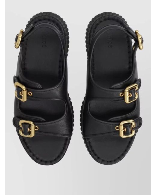 Chloé Black Leather Wedge Sandals