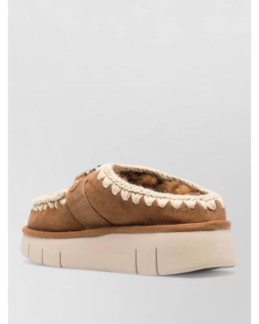Mou Brown Slippers Embroidered Trim Flat Sole Round Toe