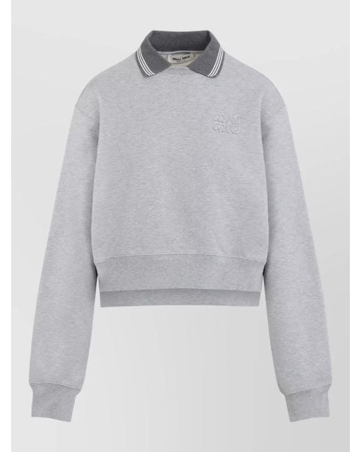 Miu Miu Gray Sweatshirt Long Sleeves Contrast Collar Ribbed Hem