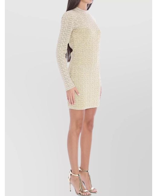 Balmain Natural Metallic Knit Monogram Long-Sleeve Mini Dress