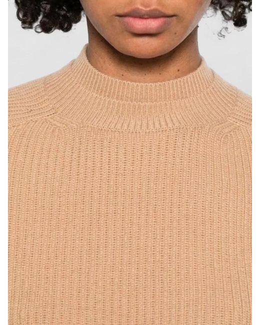 Max Mara White Cropped Ribbed Knit Top Mock Neck