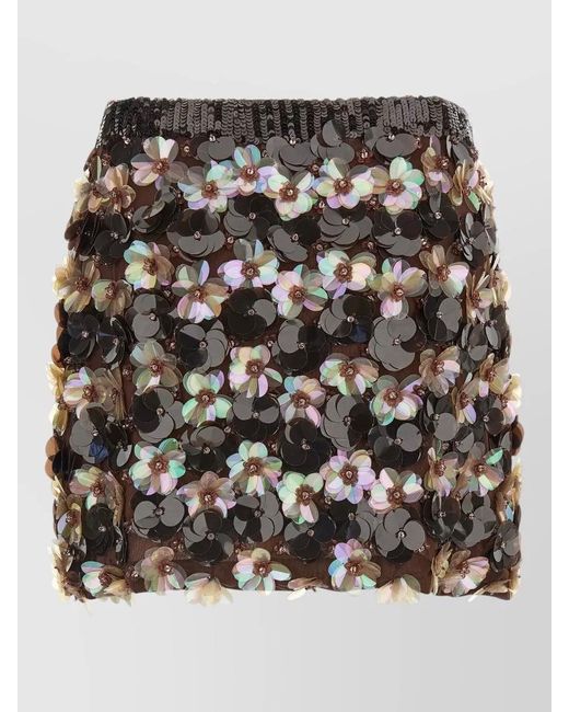 P.A.R.O.S.H. Black High Waist Skirt Floral Appliqué Sequins