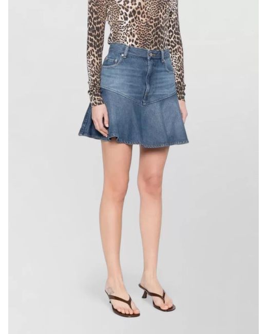Ganni Blue Denim Skirt Flared Hem Multiple Pockets