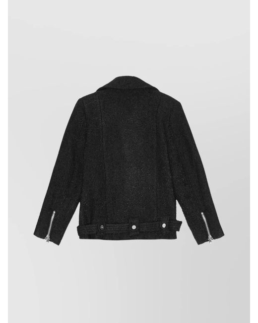 Ganni Black Wool Blend Biker Jacket With Bouclé Design
