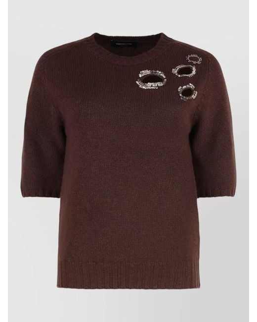 Fabiana Filippi Brown Short Sleeve Sweater Round Neck Cutouts