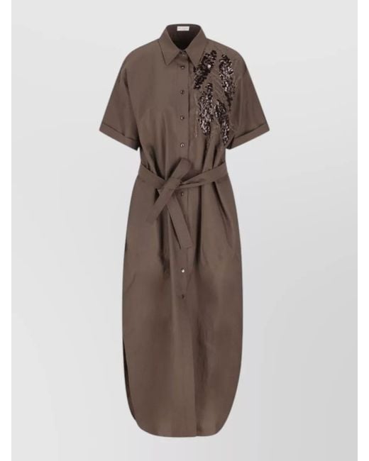 Brunello Cucinelli Brown Long Cotton Dress Sequin Detail Waist Tie