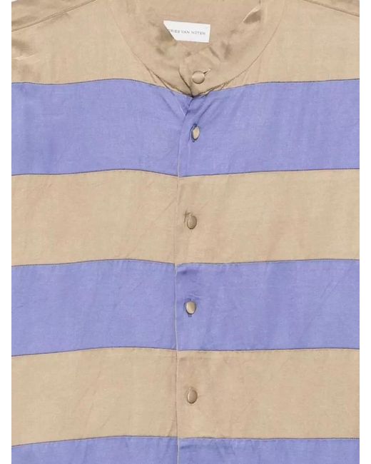 Dries Van Noten White Band Collar Striped Lightweight Long Sleeve Shirt for men