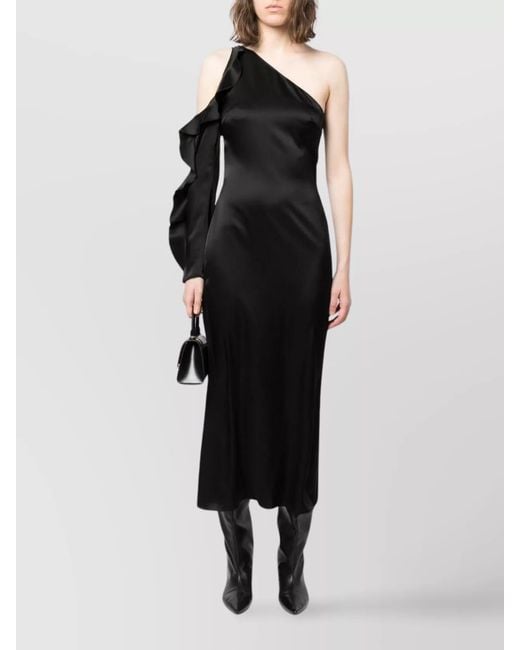David Koma Black Asymmetric Ruffled One-Shoulder Long-Sleeve Midi Dress