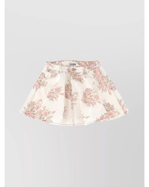 Ganni Natural Floral-Print Denim Mini Skirt
