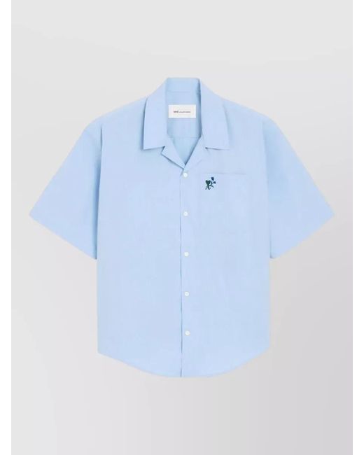 AMI Blue Short Sleeve Shirt Straight Cut Embroidered Pocket