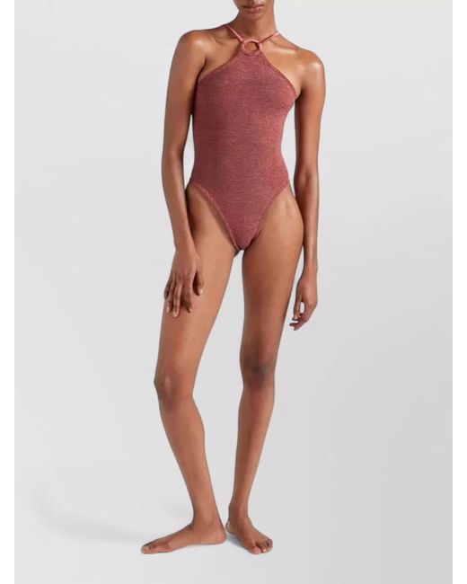 Hunza G Red Jasmine Cowl Neck Halterneck Ring Swimsuit