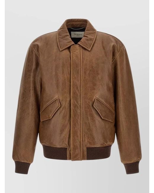 Saint Laurent Brown Leather Bomber Jacket Collared Design Pockets for men