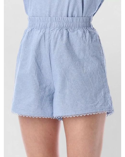 American Vintage Blue Cotton High-Rise Lace-Trim Shorts