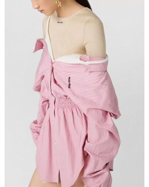 Miu Miu Pink Striped Cotton Off-Shoulder Shirt Mini Dress