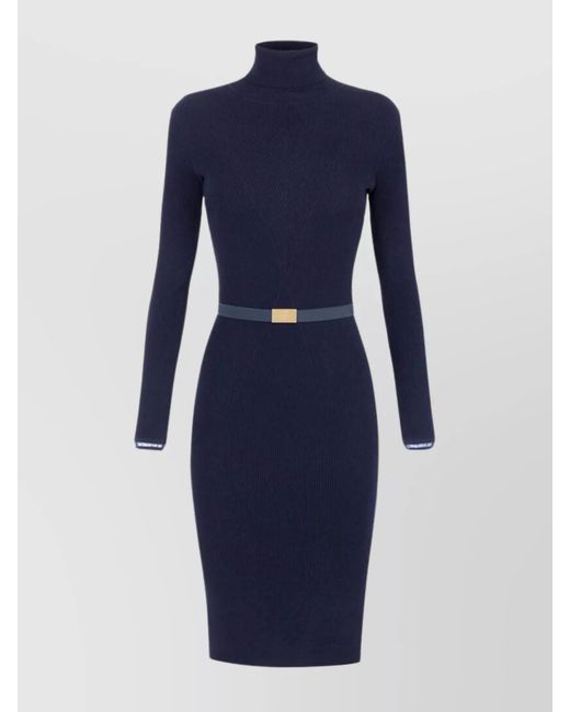 Elisabetta Franchi Blue Turtleneck Long Sleeve Knee-Length Dress