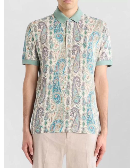 Etro White Polo Shirt Short Sleeves Paisley Ribbed Collar for men