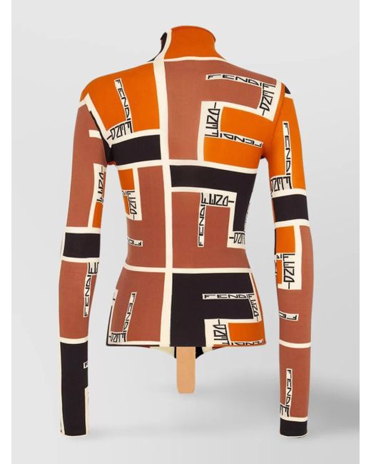 Fendi Orange Printed Mock-Neck Long-Sleeve Top