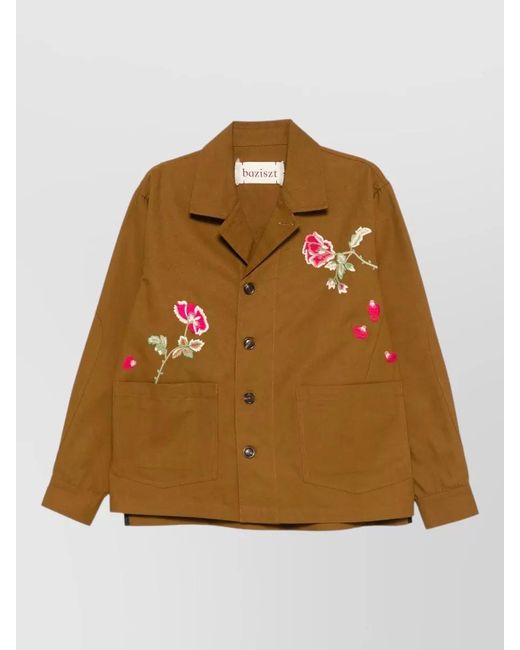 BAZISZT Brown Peculia Jacket Long Sleeves Floral Embroidery for men