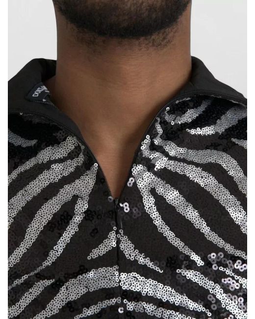 Dolce & Gabbana Black Sequined Zebra Knit Collared Sweater Top for men