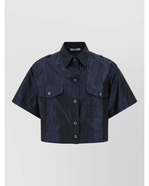Prada Blue Cropped Silk Taffeta Shirt Short Sleeves
