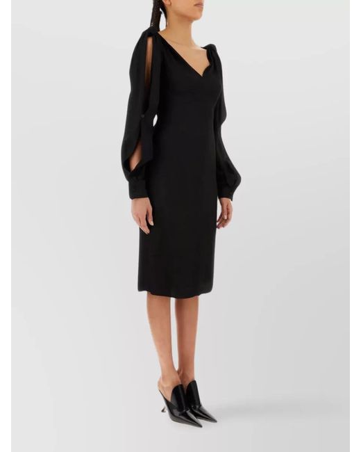 Bottega Veneta Black Viscose V-Neck Long-Sleeve Midi Dress
