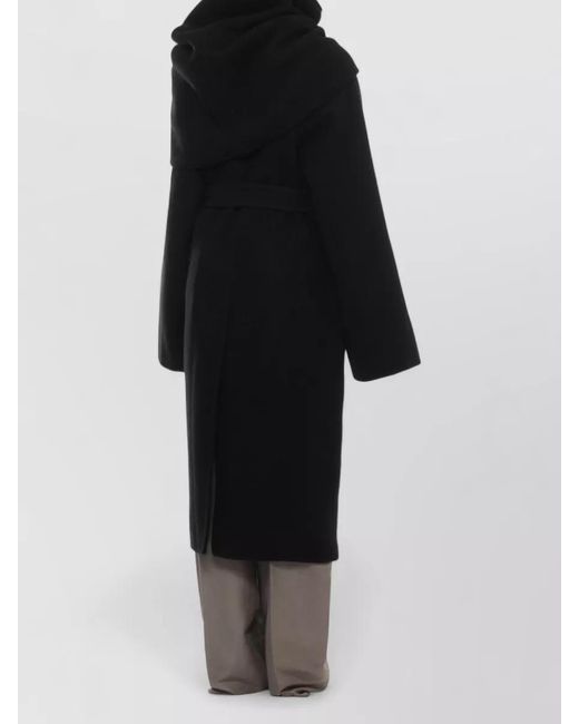 Rick Owens Black Long Hooded Coat Belt And Cape