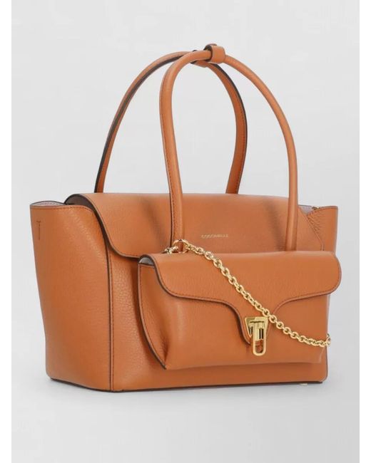 Coccinelle Brown Tote Bag Pebbled Leather Chain Detail